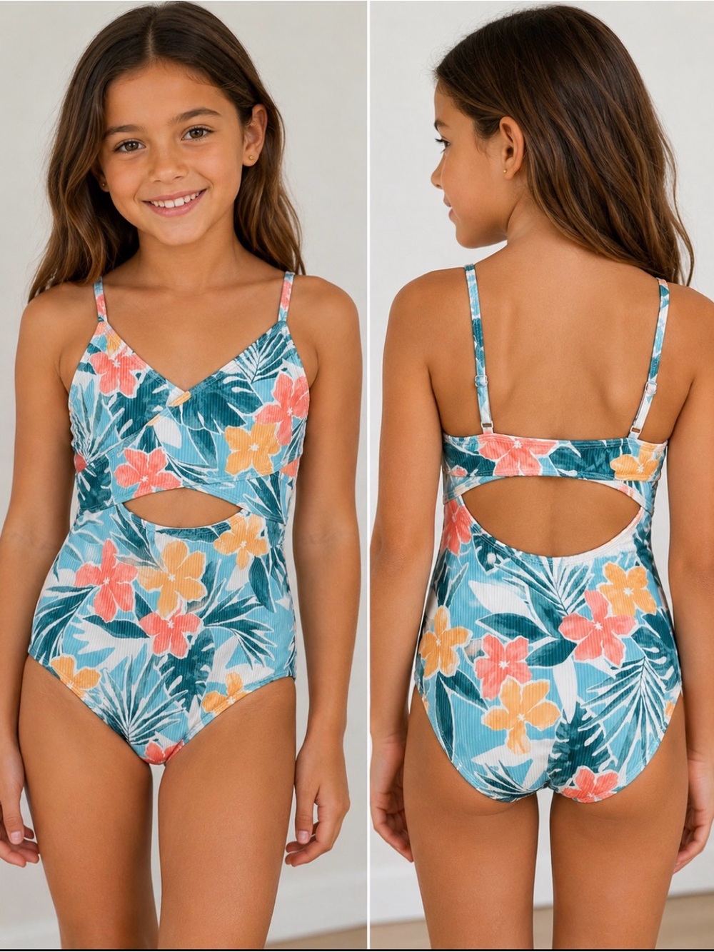 Abercrombie & Fitch Teal Tropical Floral Cutout One-Piece Swimsuit